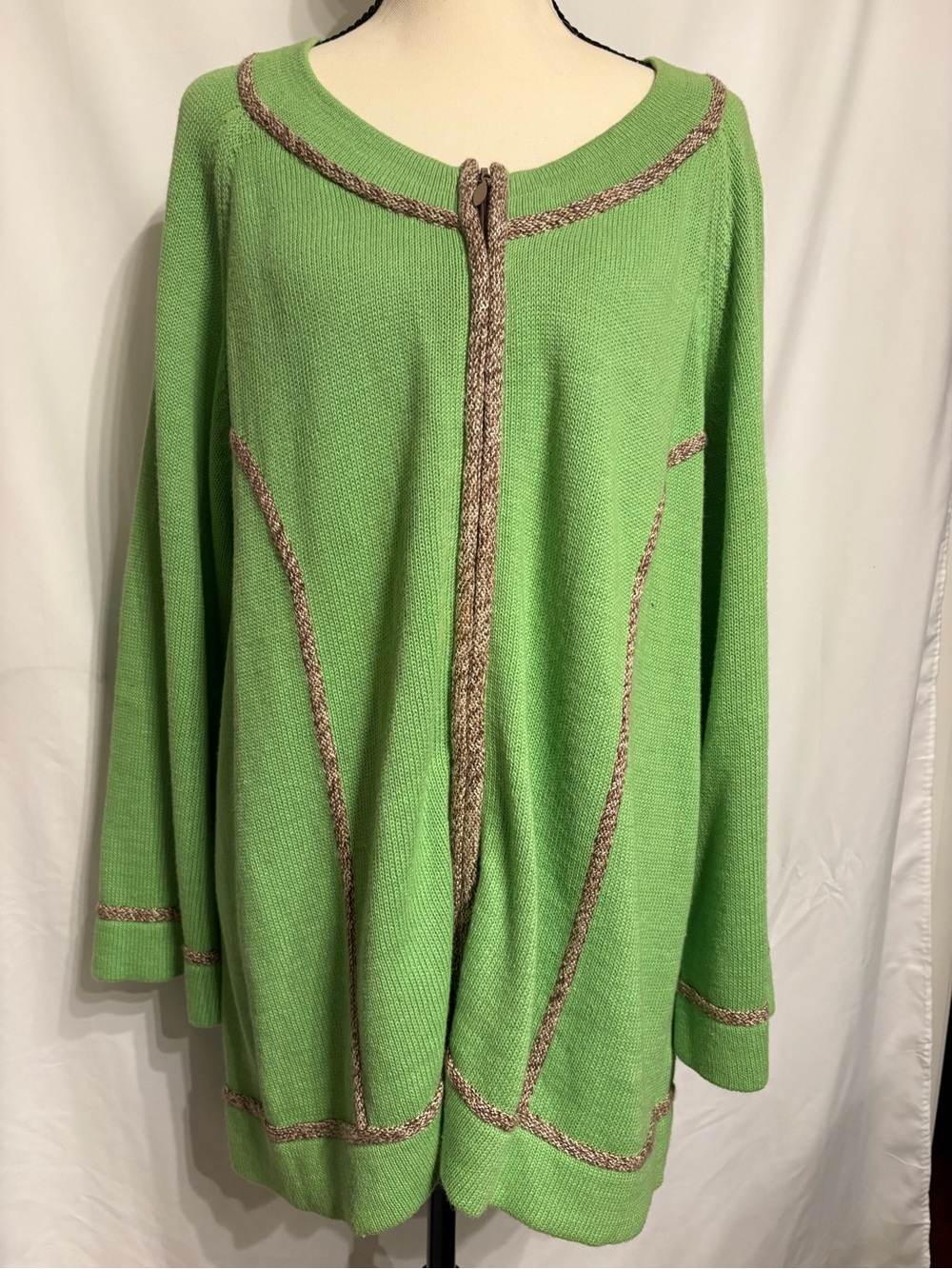 Coldwater Creek Lime Green Sweater Cardigan with Tan Trim Ramie/Cotton 2X